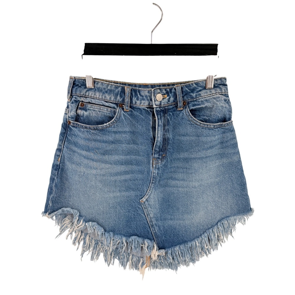 Free People We The Free Denim Mini Skirt Blue 26 Frayed High Low Hem Distressed